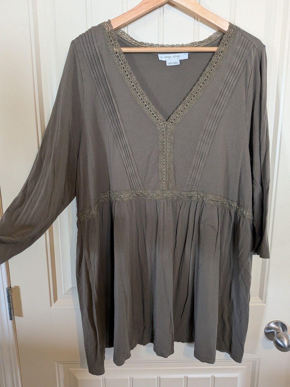 Olive V-Neck Lace Trim Tunic - Penningtons